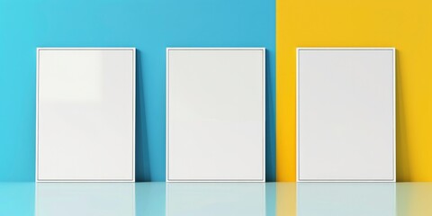 Template Showcase, Three White Poster Mockups Presented Against a Blue and Yellow Background