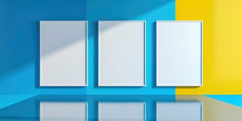 Template Showcase, Three White Poster Mockups Presented Against a Blue and Yellow Background