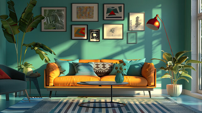 Living room with vibrant green walls and a striking yellow couch, creating a bold and colorful interior design