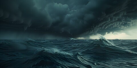 Ominous Atmosphere and Danger Evoked by Menacing Storm Clouds over Choppy Ocean. Concept Storm Photography, Menacing Clouds, Ocean Danger, Ominous Atmosphere