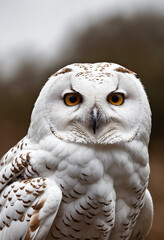 Obraz premium A white owl in the thicket of the forest looks with interest