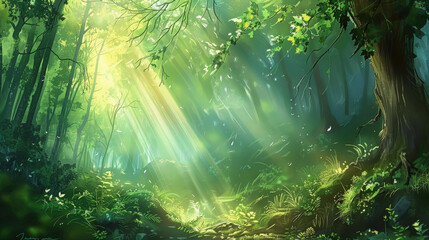 Dense forest with sunlight streaming through the foliage, creating a play of light and shadow on the ground