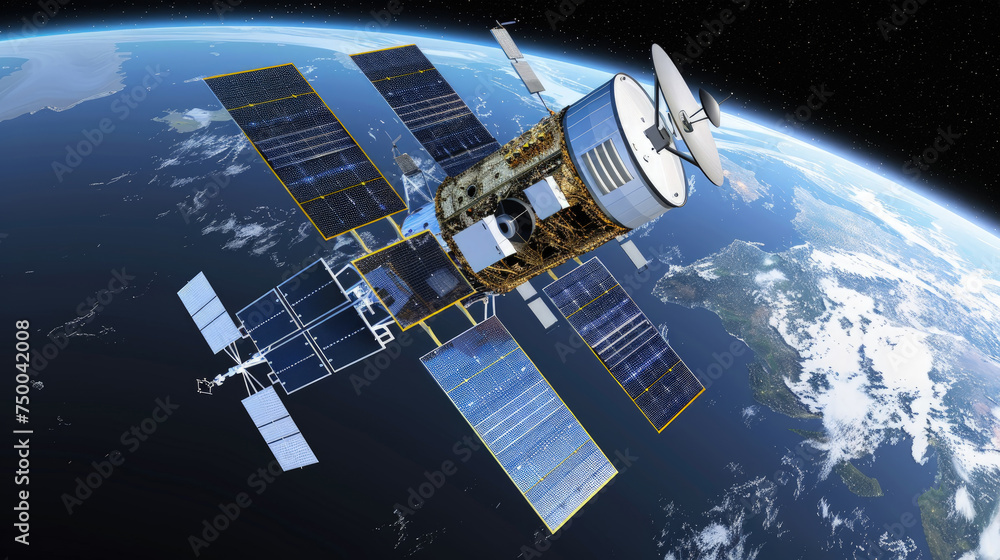 Poster satellite floating in orbit around earth, showcasing the intricate design and technology used in spa