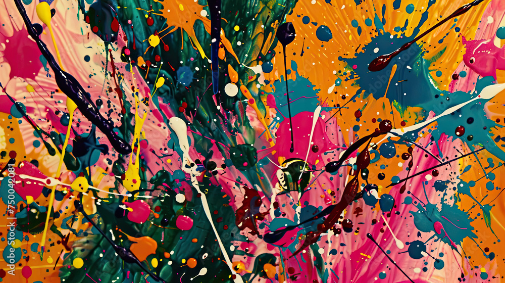 Poster a painting covered in colorful splatters of paint, creating a dynamic and energetic composition