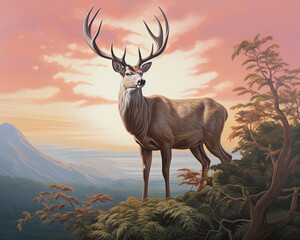 Majestic stag overlooking mountain landscape. Digital wildlife art with sunset background. Nature and wildlife concept for poster, wallpaper design
