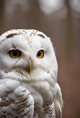 Obraz premium A white owl in the thicket of the forest looks with interest