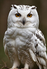 Obraz premium A white owl in the thicket of the forest looks with interest