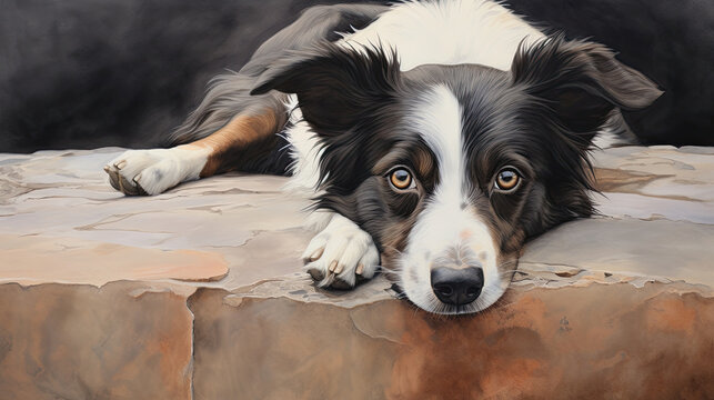 Border Collie lying down. Realistic animal painting on canvas. Pet portrait concept for design and print. Studio shot with copy space