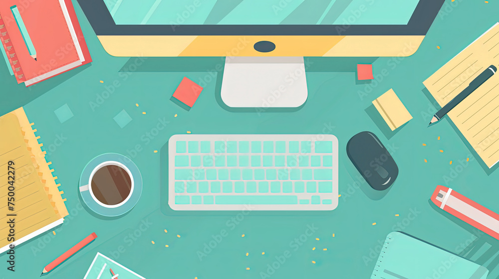 Poster flat lay of desktop computer is placed on top of a desk in a room. the computer monitor, keyboard, a