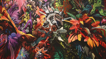 A vibrant painting featuring a variety of colorful flowers in different shapes and sizes, filling the canvas with a burst of floral beauty