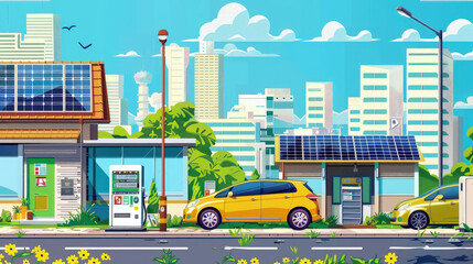 A bright yellow car is parked in front of a gas station, with the fuel pump in the foreground and a convenience store in the background