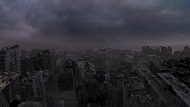 Bombarded city after war, aerial view.
Cinematic view of Apocalyptic destroyed city after total war, 4K,2024
