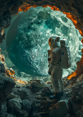 Astronaut Contemplating Giant Moon from Alien Cave. International Day of Human Space Flight