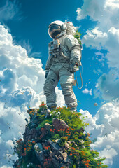 Astronaut Standing on Lush Green Hill Under Bright Sky. International Day of Human Space Flight - obrazy, fototapety, plakaty