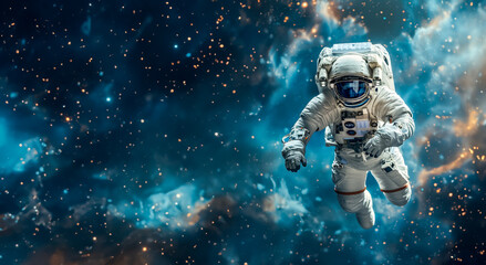 Floating Astronaut in Cosmic Space with Stars. International Day of Human Space Flight - obrazy, fototapety, plakaty