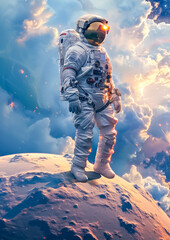 Astronaut Standing on Celestial Body Overlooking Cloudy Sky. International Day of Human Space Flight