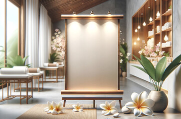  Wooden Menu Stand in Bright Spa Lobby,Sunlit spa entrance with a wooden menu stand adorned with frangipani flowers, reflecting a welcoming atmosphere... - 750043652
