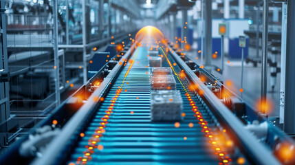 Fototapeta na wymiar Conveyor belts equipped with sensors and AI algorithms transport raw materials seamlessly through the manufacturing facility, optimizing production processes.