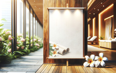  Wooden Menu Stand in Bright Spa Lobby,Sunlit spa entrance with a wooden menu stand adorned with frangipani flowers, reflecting a welcoming atmosphere...