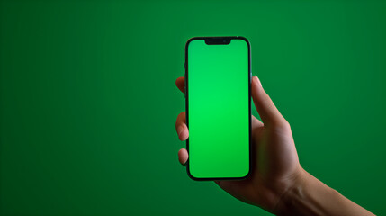 A hand holds an iPhone 15 Pro mockup featuring a green screen on soft green blurred background