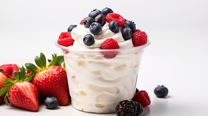 Green bowl of greek yogurt and fresh berries isolated on white background