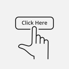 Click here button with hand pointer clicking line icon. Push button sign. Touch Gesture. Vector illustration