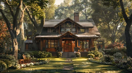  A craftsman bungalow surrounded by mature trees, its exterior blending seamlessly with nature, creating a harmonious suburban landscape. © Adnan Bukhari
