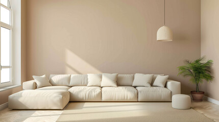 modern living room layout with beige walls and beige sofa, in the style of naturalistic shadows, modern interior concept