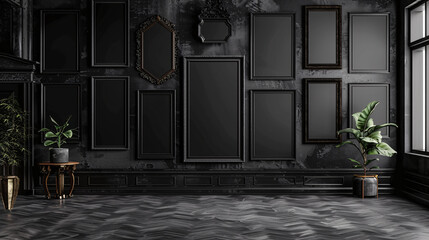 Décortion intérieure d'une pièce avec des cadres sur les murs noirs, mockup - obrazy, fototapety, plakaty