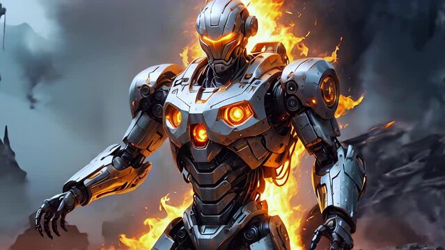 Fantastic robot on fire against the background of foggy mountains.
Concept: Science fiction, future technologies.