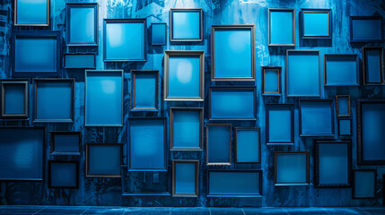 Décortion intérieure d'une pièce avec des cadres sur les murs bleus, mockup - obrazy, fototapety, plakaty
