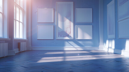 Décortion intérieure d'une pièce avec des cadres sur les murs bleus, mockup