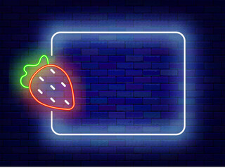 Fruit shop neon banner. Summer party. Empty white frame with strawberry symbol. Vector stock illustration