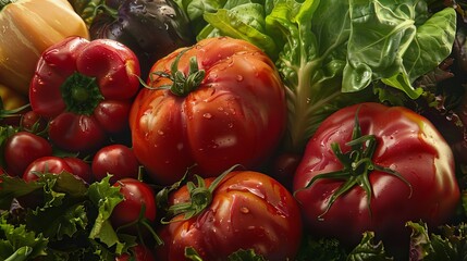 Fresh colorful vegetables with water droplets. Vibrant assortment of produce with tomatoes and greens. Healthy eating concept with fresh garden vegetables close-up.
