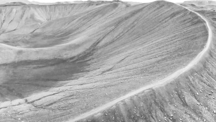 Myvatn, Iceland. Aerial view of large Hverfjall volcano crater, Tephra cone or Tuff ring volcano on overcast day