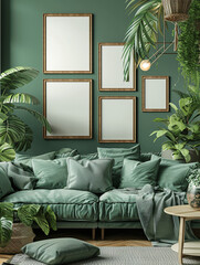 Décoration intérieur avec plusieurs cadres au mur vert, mockup
