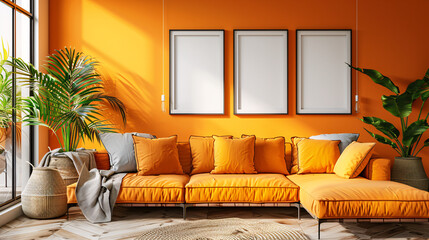 intérieur d'une pièce moderne avec plusieurs cadres sur un mur orange, mockup