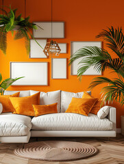 intérieur d'une pièce moderne avec plusieurs cadres sur un mur orange, mockup