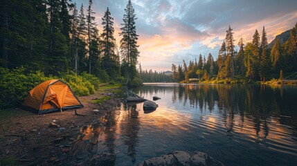 A camping riverside campsite with a lush green forest  - obrazy, fototapety, plakaty