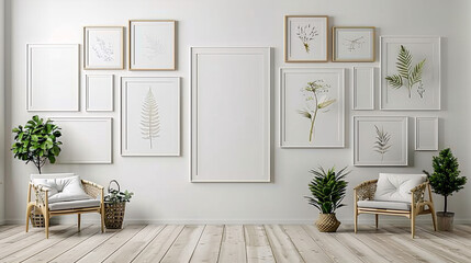 intérieur d'une pièce moderne avec plusieurs cadres sur un mur blanc, mockup