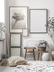 intérieur d'une pièce moderne avec plusieurs cadres sur un mur blanc, mockup
