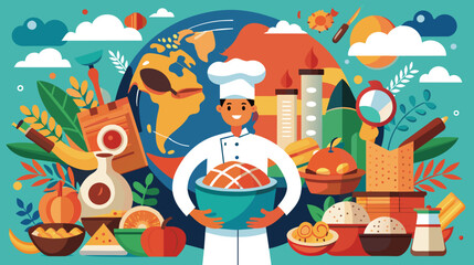 World Cuisine Concept With Smiling Chef and Global Foods