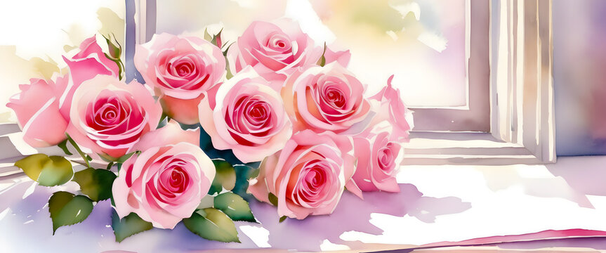 A bouquet of pink roses. Roses by the window. Illustration in a soft watercolor style.