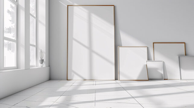 int&eacute;rieur d'une pi&egrave;ce moderne avec plusieurs cadres sur un mur blanc, mockup
