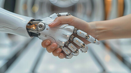 robot and human shaking hands for work together, blur modern technology at background. future technology with Ai and computer concept
