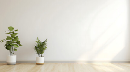 White wall empty room with plants on a floor