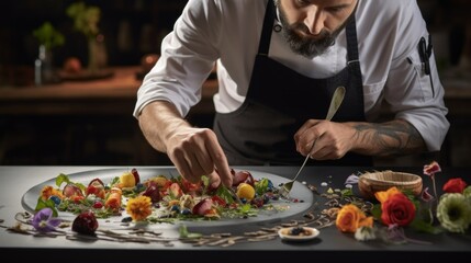 Obraz premium Chef in hotel or restaurant kitchen preparing meal vegetable salad with goat cheese and decorates the food with his hands.