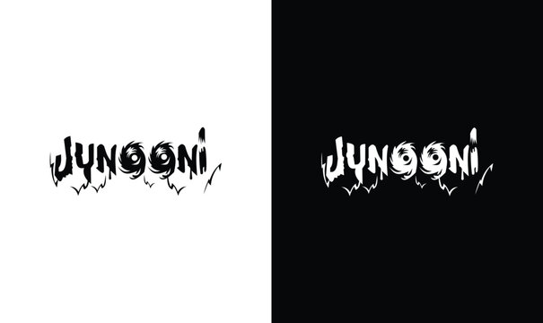 Creative and unique typography junooni logo  for horror movies website or blog with eyes. Inspirational design template. Logo layout on dark background.