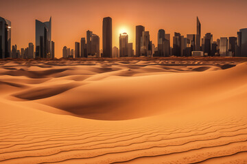 Desert against backdrop of city with skyscrapers buildings. City in desert. Cityscape of buildings in Desert with dunes. Global drought. City metropolis at sand dunes. Water crisis, Climat change.