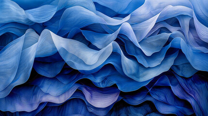 Textured fabric background with a focus on the wave and flow of materials, showcasing the abstract beauty and intricate patterns in shades of blue and black